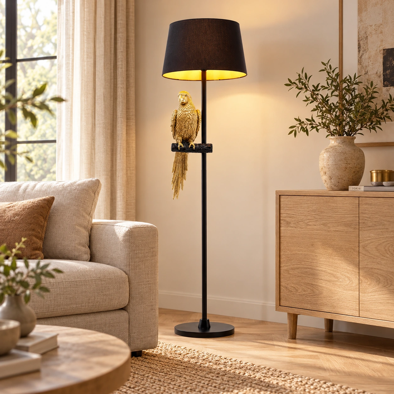 Stehleuchte Goldpapagei 176 cm – Wohnbeispiel