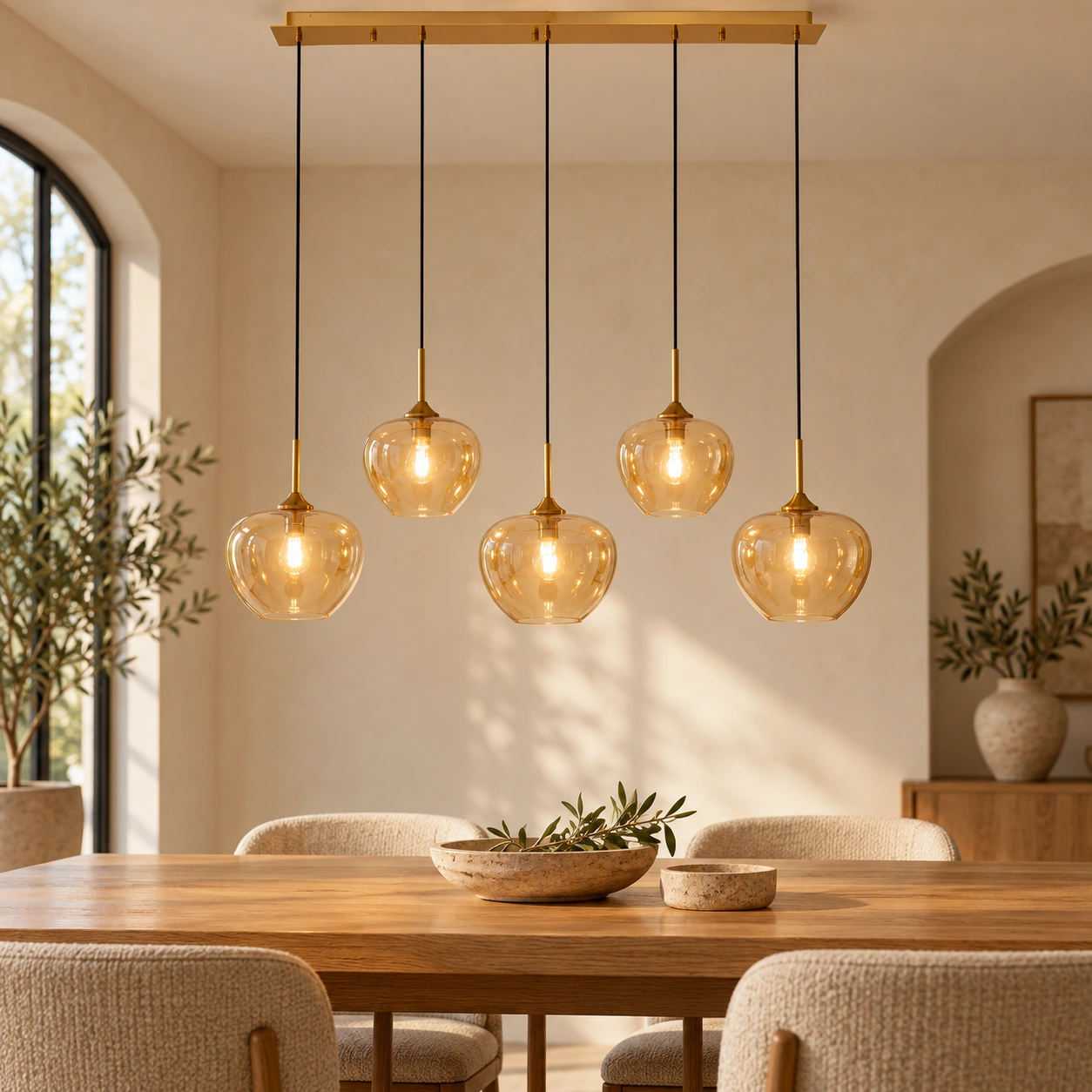 Pendelleuchte Glaskugel Bernstein Fünffach 160 cm – Wohnbeispiel