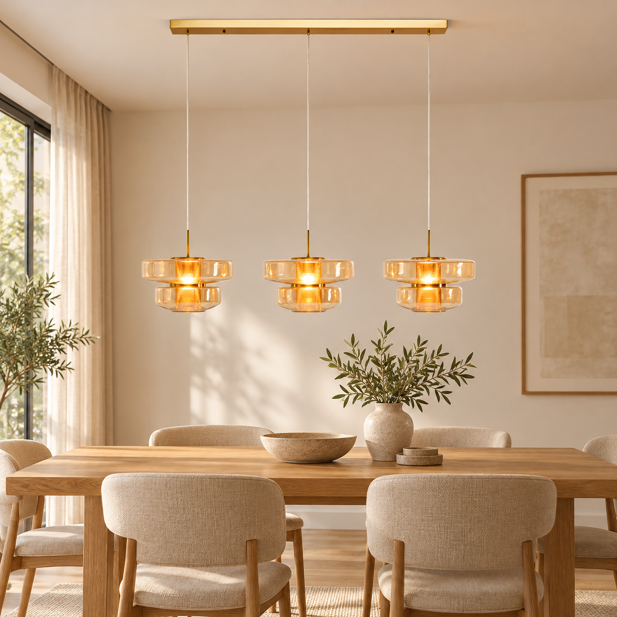 Pendelleuchte Glasbogen Bernstein 125 cm – Wohnbeispiel