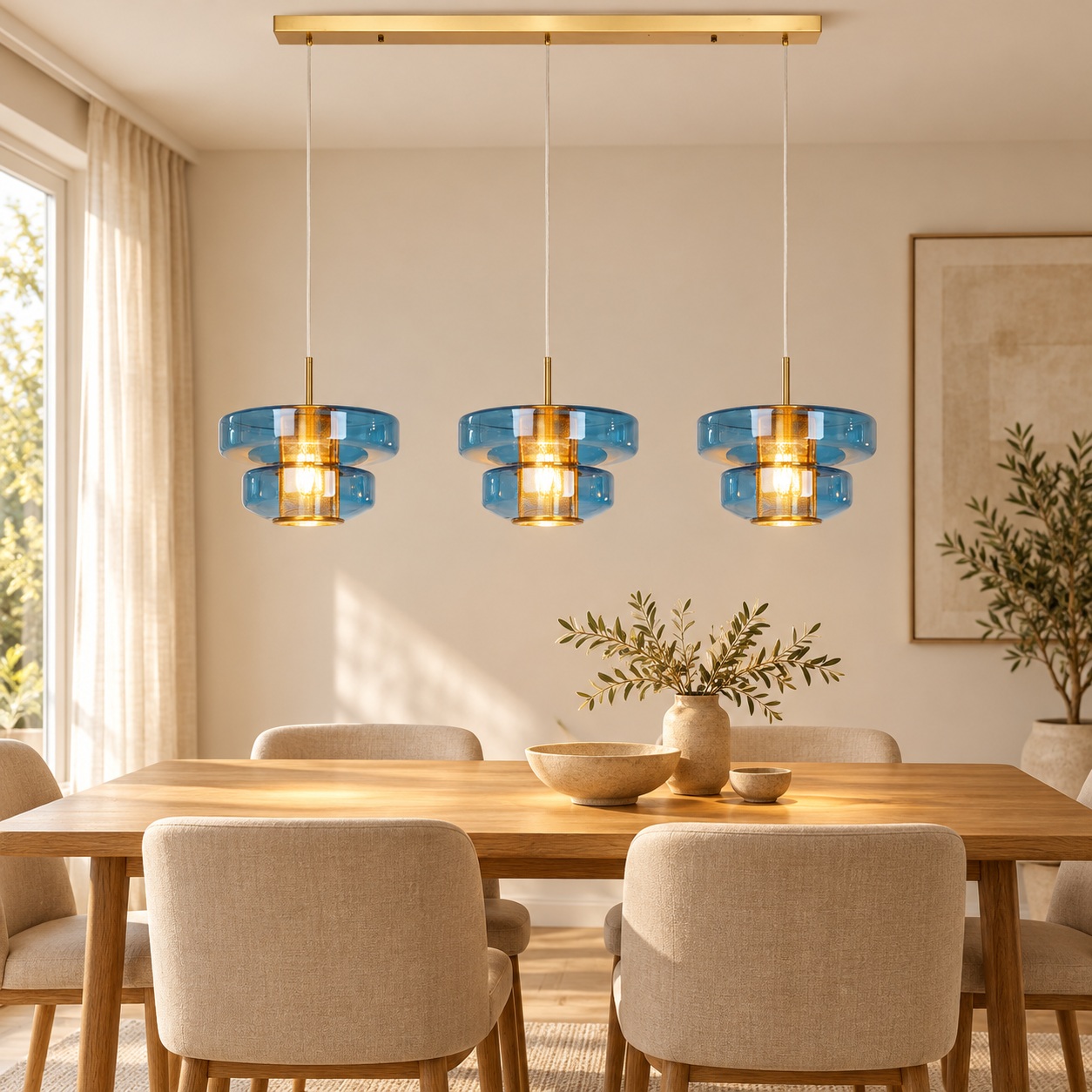 Pendelleuchte Glasbogen Blau 125 cm – Wohnbeispiel