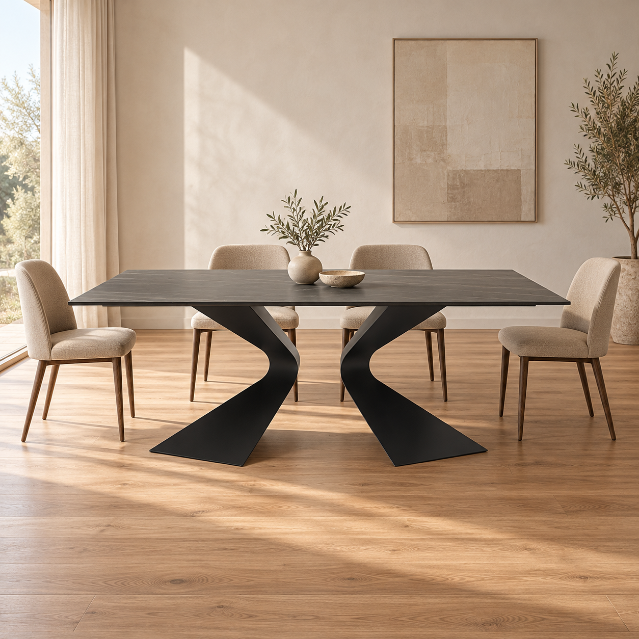 Esstisch Kreuzwerk Schwarz/Keramik 200 × 100 cm – Wohnbeispiel
