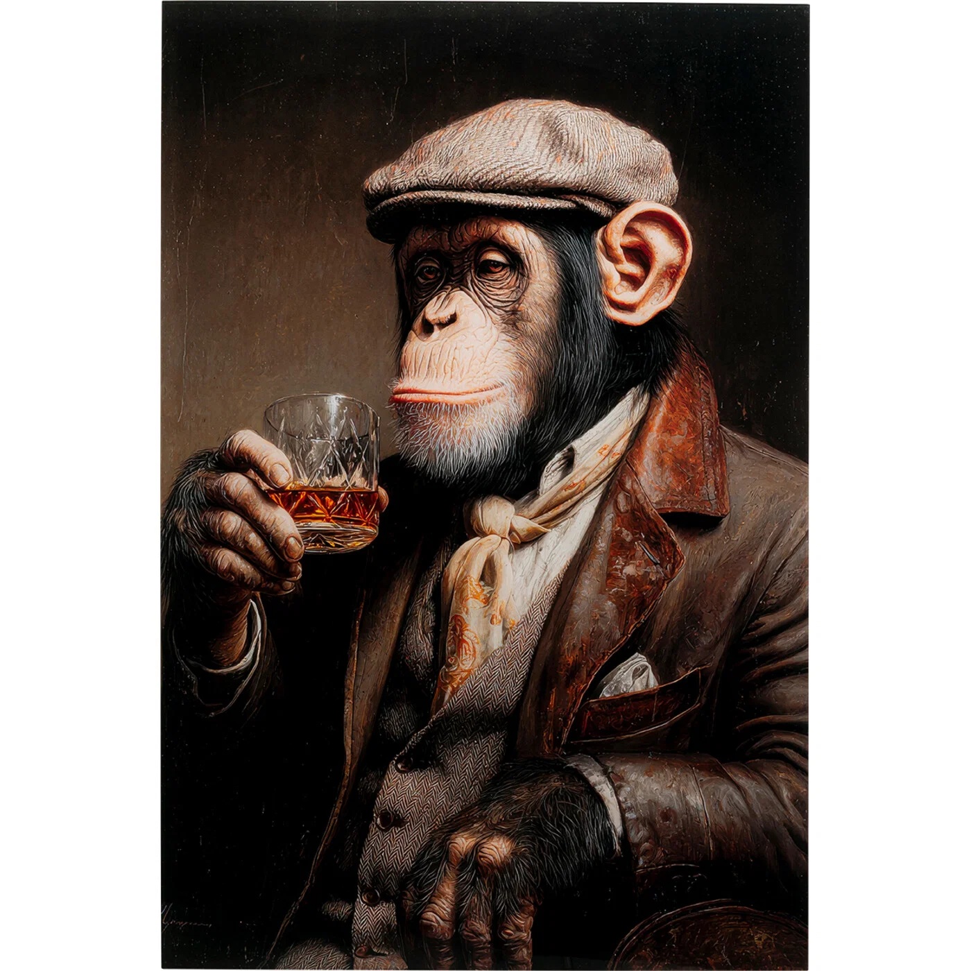 Glasbild Affe mit Whisky 80 × 120 cm