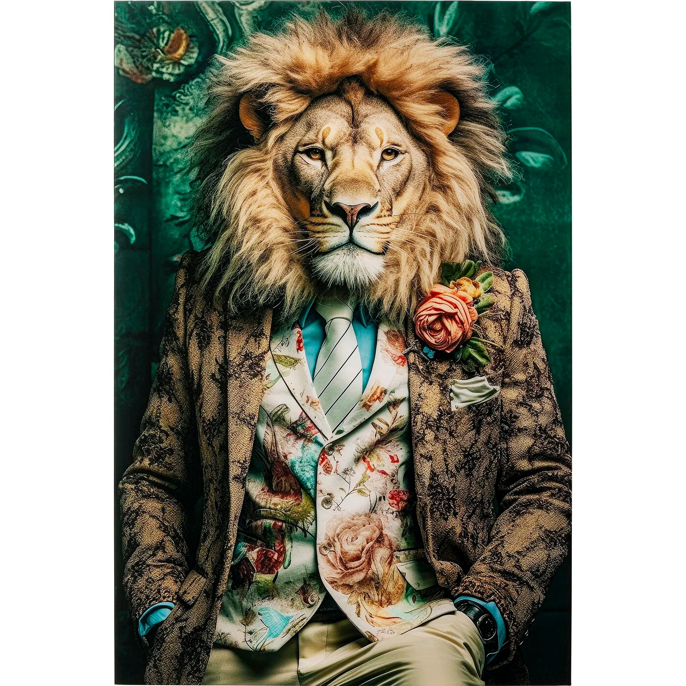 Glasbild Löwe mit Blumenanzug 100 × 150 cm