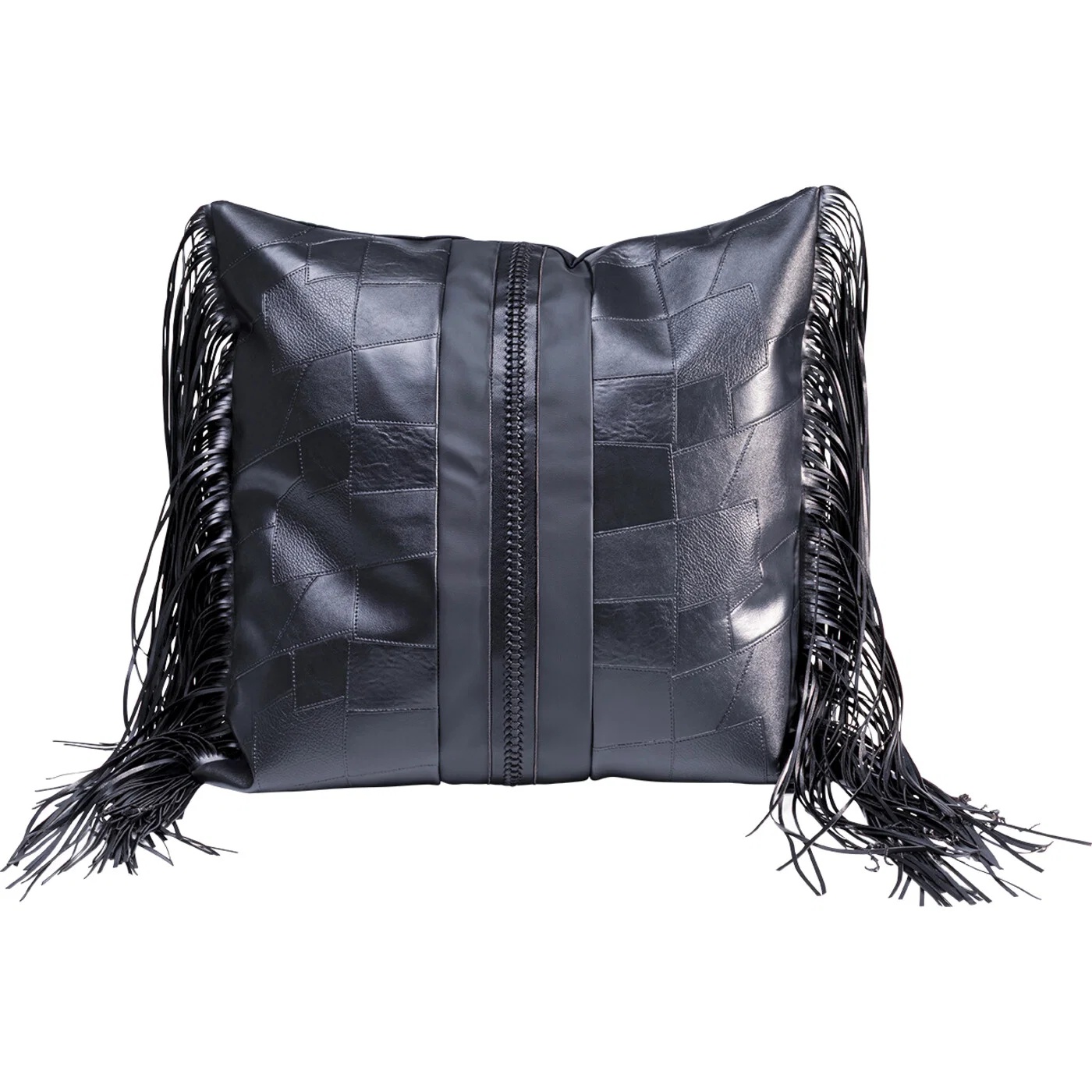 Kissen Lederoptik Schwarz mit Fransen 45 × 45 cm