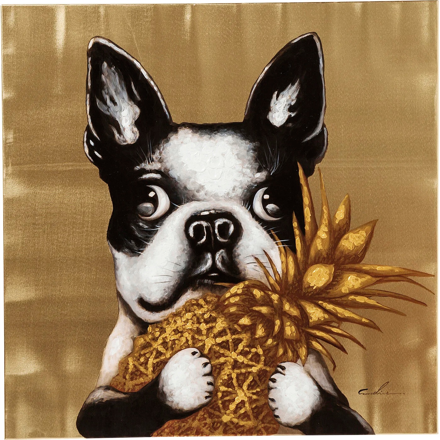Wandbild Bulldogge und Ananas 80 × 80 cm